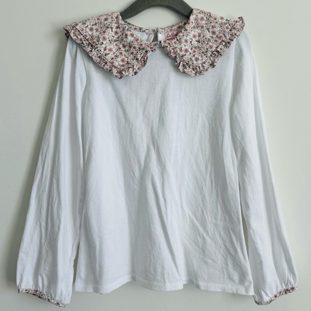Girls White Long-Sleeve Top with Floral Peter Pan Collar